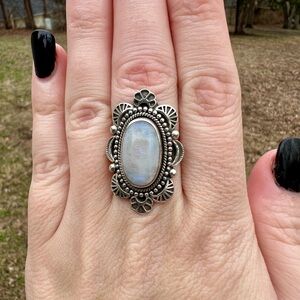 Sterling Silver Moonstone Large Oval Ornate Ring Size 7.5